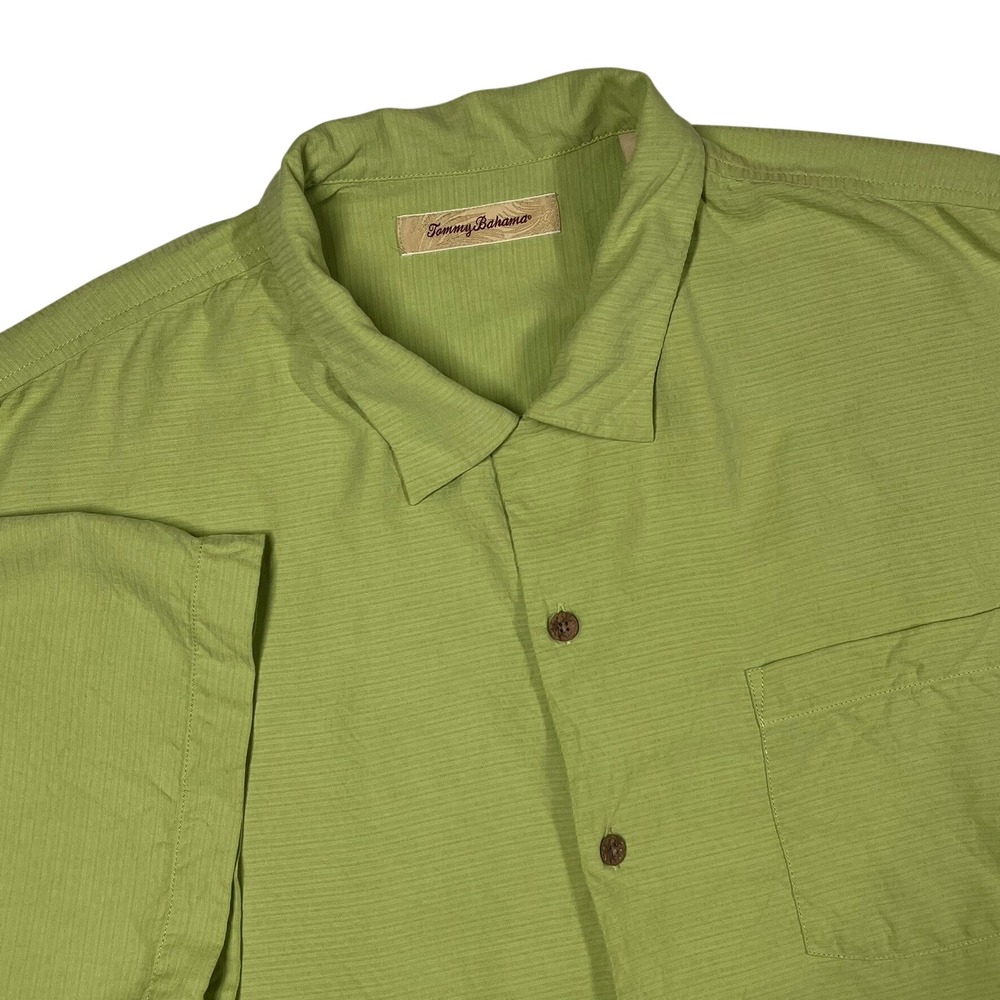 Tommy Bahama Silk Button Up Shirt Mens XL Green Ribbed Short Sleeve Vacay *Flaws